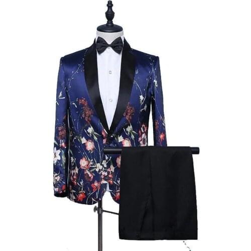 Mens 2 Pieces Suit Peak LapeL Blue Jacket Black Pants Groom Tuxedo Singer Musician Host Male Stage Costume Party Prom