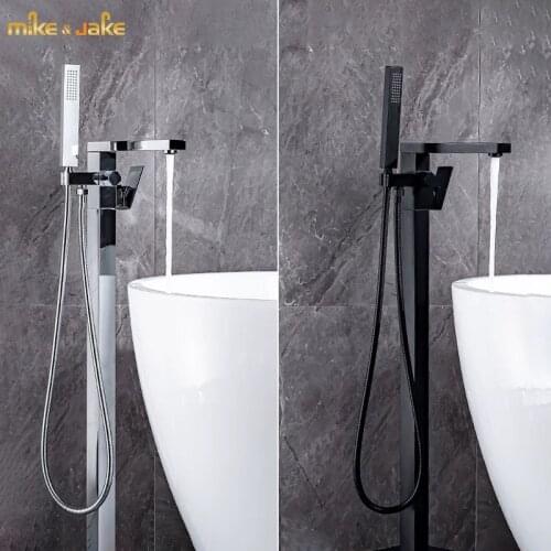 Bathroom floor stand tap waterfall bathtub faucet black hot and cold tall brassbasin tap floor bathroom faucet black bath mixer