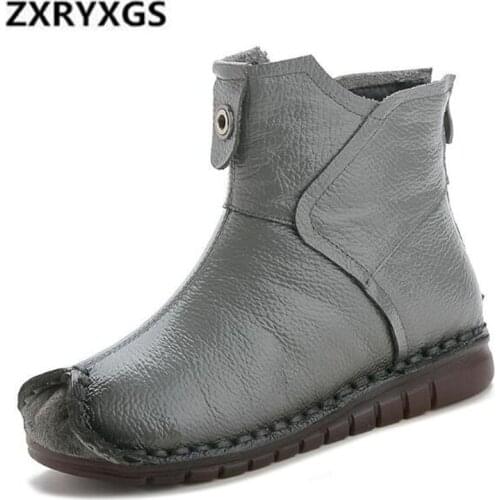 2020 New Autumn / Winter Boots Women Shoes Retro Cowhide Leather Boots Non-slip Soft Comfort Plus Velvet Women Boots Flat Shoes