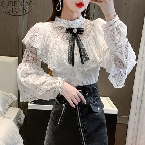 New White Long Sleeve Lace Tops Women Blouses Autumn Hollow Out Ruffles Blouse Elegant Bow Tie Womens Shirt Blusa Mujer 16889