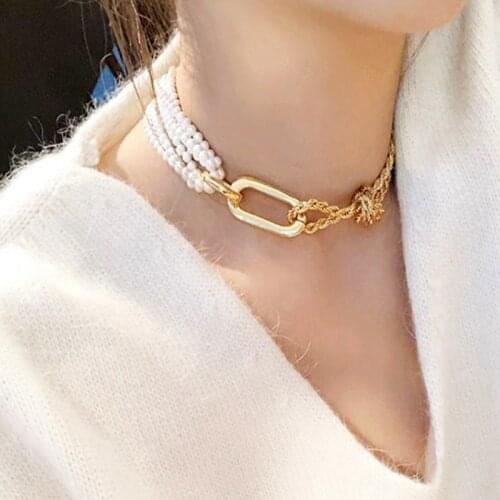 New Design Pearl chunky Metal Connection Multi-layer Necklaces Womens Clavicle Chain Choker Collares punk accessories