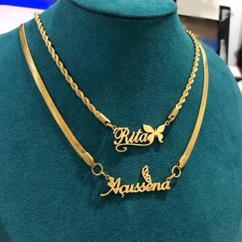 Customized Name Necklaces For Women Gold Stainless Steel Heart Butterfly Pendant Nameplate Snake Chain Twist Chain Friend Gift