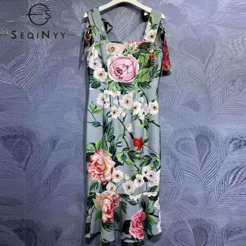 SEQINYY Fashion Design Dress Summer Women Runway Vintage Flowers Printed Bow Spaghetti Strap Backless High Street Midi Slim