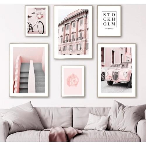 Postbox Bicycle Classic Car Pink Paris Wall Art Canvas Painting Nordic Posters And Prints Wall Pictures For Living Room Decor