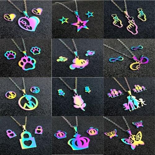 QIAMNI Dazzling Colorful Crown Cat Dog Paw Lock Heart Star Hand Earring Necklace Stainless Steel Jewelry Set Lovers Friend Gift