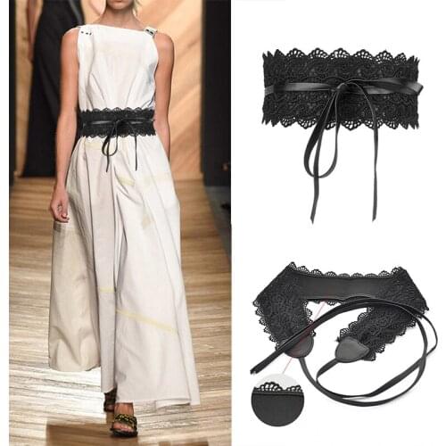 Black White Wide Lace Belt Faux Leather Self Tie Corset Waistband Bowknot Weaving Belts for Women Ladies Dress Accessories