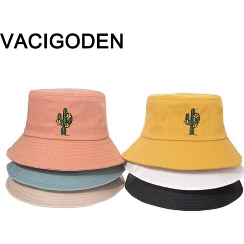 VACIGODEN Women Fashion Bucket Hat Cactus Embroidered Solid Colors Fedoras Outdoor Chapeau Fisherman Caps De Pescador Gorros