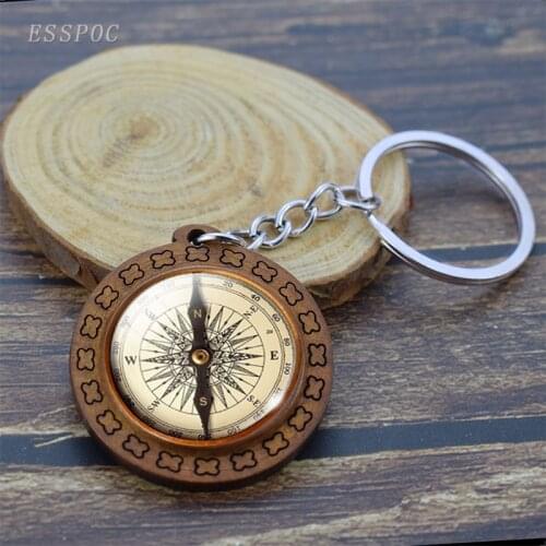 Vintage Compass Art Picture Handmade Wooden Keychain Compass Pendant Car Key Ring Travel Gift （not real compass