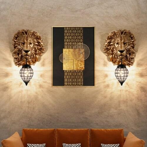 Vintage Resin Lion Wall Lamp Modern Loft Aisle Stairs Living Room Bedroom Crystal Wall Sconce Lights Indoor Home Decor Lighting