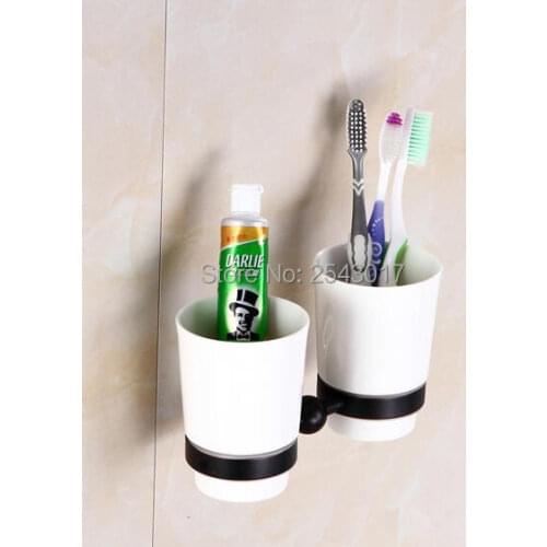 High Quality Bathroom Accessories Wall Mounted Double Ceramic Holder Black Bronze Toothbrush Tumbler Holder ZR2677