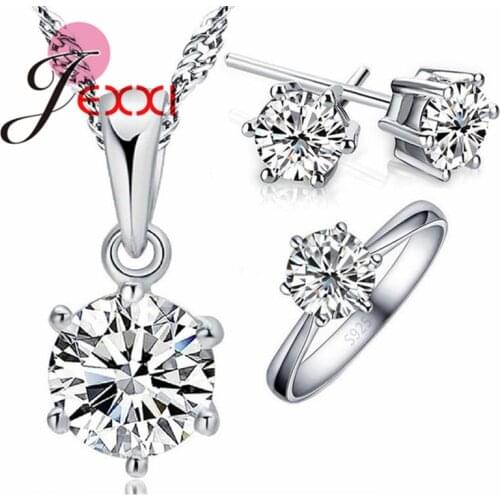 Womans Birthday Gift Wedding Jewelry Set Fashion 925 Sterling Silver Crystal Necklace Ring Earring 3 pcs/set Fast Shipping