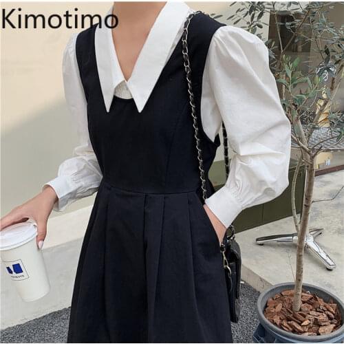 Kimotimo Women Dress Sets 2021 Autumn Ins Temperament Fashion Preppy Style Casual Strap Dress Puff Sleeve Shirt Korean Suit
