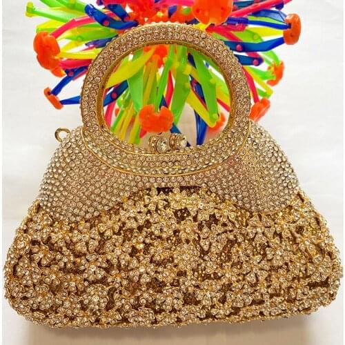 White Crystal Flower Clutch Purse Gold Metal Bag Fashion Wedding Bridal Top-Handle Clutches Mini Coin Wallet Party Handbags