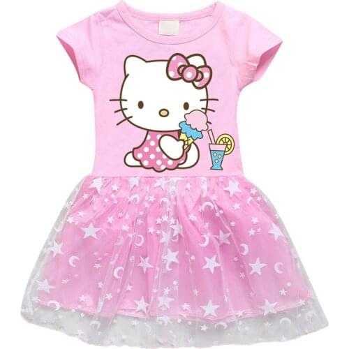 Sanrio Hello Kitty 2021 new girl dress cotton girl print cartoon star moon net yarn short-sleeved princess dress