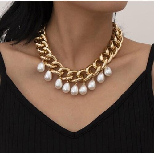 Punk Exaggerated Imitation Pearl Charms Thick Chains Necklace Women Vintage Chunky Geometric Choker Necklace Pendants Jewelry