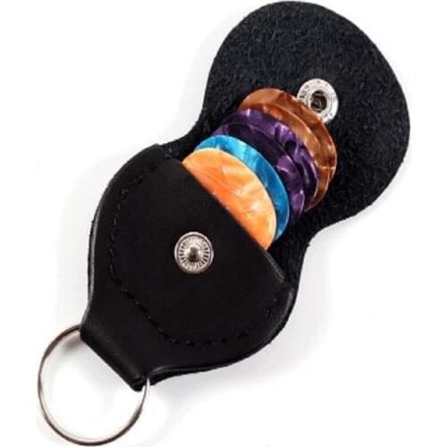 1pc Guitar Pick Holder Genuine Leather Black Plectrum Buckle Creative Hang Buttons Case Guitar Keychain Guitar Accessories