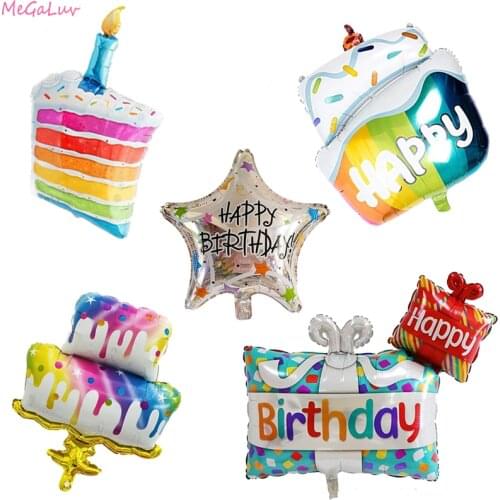 1pc Laser Birthday Balloon With Aluminum Coating Cake Pattern Happy Birthday Foil Helium Ballon Baby Shower Party Accessories