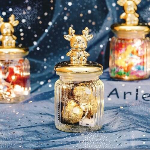 2pcs/lot Golden Ceramic Elk Lid Transparent Glass Airtight Canister Storage Bottles Jars Honey Candy Coffee Pot