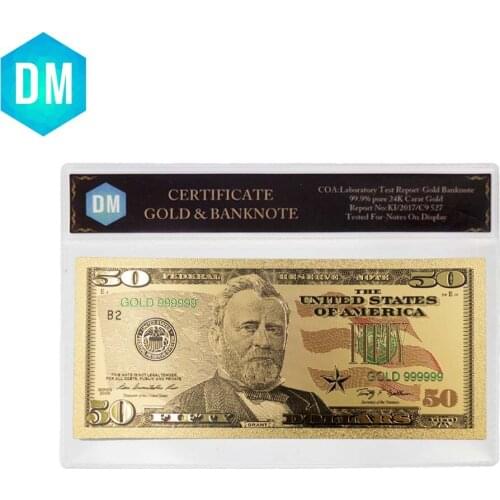 50 Dollar Colorful 24k Gold Banknote American 999.9 Gold Foil Note Money Art Crafts with COA Frame Worth Collection
