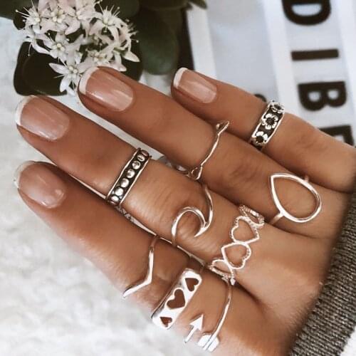9 Pcs/Set New Fashion Charm Silver Rings For Women Water Drop Wave Flower Heart Cat Midi Rings Set Party Jewelry Accessories