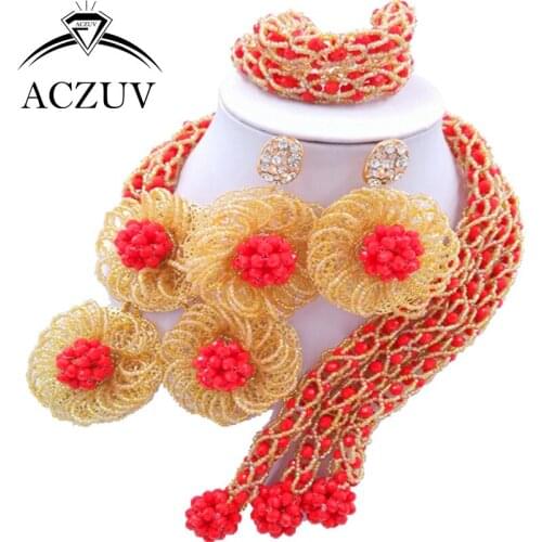 ACZUV Latest Opaque Red Gold AB Crystal Beaded African Jewellery Designs Nigerian Wedding Beads Jewelry Set C3F002