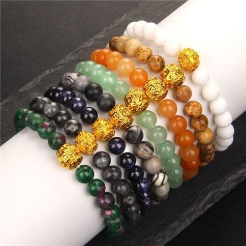 Men Beads Bracelet 8mm Natural Stone Beaded Bracelets Metal Alloy Round Gold Ball Beads Charm Bracelet Women Men Eenrgy Jewelry