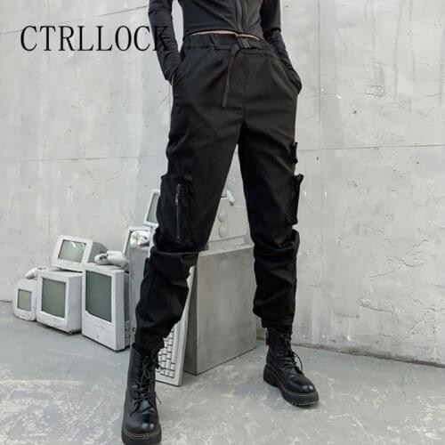 CTRLLOCK Techwear Hiphop Pocket Slim Cargo Pants Women Black Zipper Buckle Slash Pants 2021 Summer New