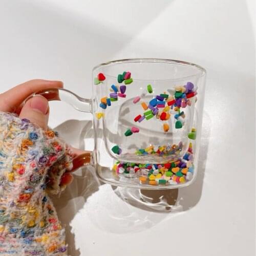 Double Wall Layer Glass Cup Cute Girl Heart Creative Water Mug Korean Style Transparent Milk Goblet Love Quicksand Drinkware