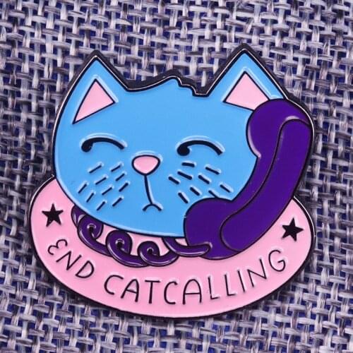 Cute cat phone Enamel Pin stop end catcalling Badge street harassment protest brooch feminist accessory