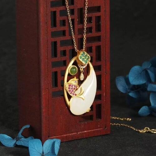Natural Hetian Jade S925 Silver Gilding Ancient Gold Inlaid Hetian White Jade Lotus Root Fish Water Drop Pendant Necklace for Wo