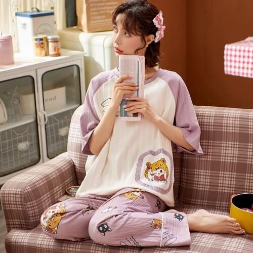 Kawaii Anime Women Summer Pajamas Set Cotton Pajamas Female Elegant Purple Patchwork Short Sleeve Homewear Princess Sleepwear