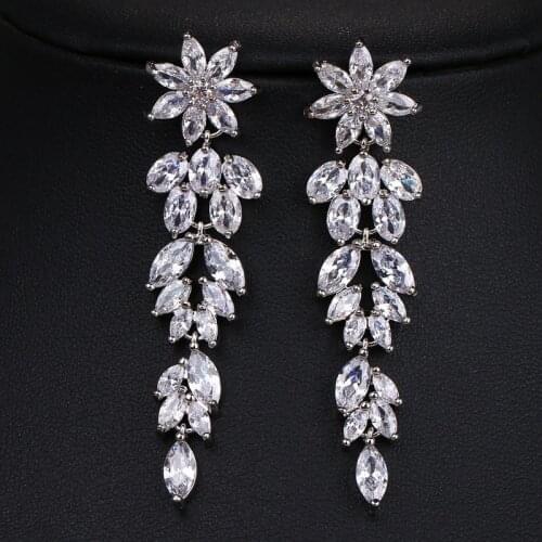 Classic Luxury Flower Long Cubic Zirconia Earrings for Women 2021 Vintage CZ Dangle Earrings Female Bridal Wedding Jewelry New