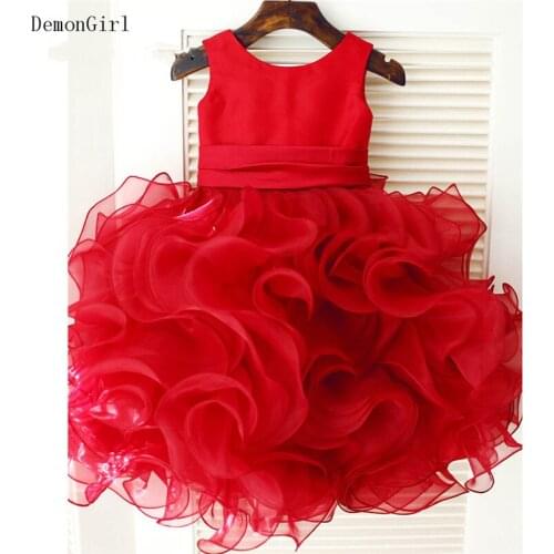 Red Puffy Flower Girl Dress for Wedding Satin Organza O Neck Little Princess Birthday Party Dress Pageant Gowns