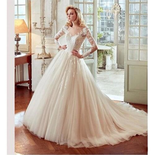 Lace Scoop Neckline 2020 Ball Gown Beaded Applique Puffy Bridal Gowns Long Sleeves Lace Wedding Dresses robe de mariage
