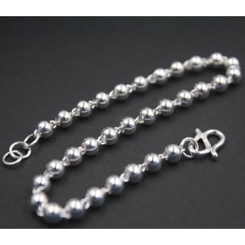 Fine S999 Silver Bracelet 3mmW Smooth Beads Link Chain Bracelet 7.28inches 14.6g Unisex Bracelet