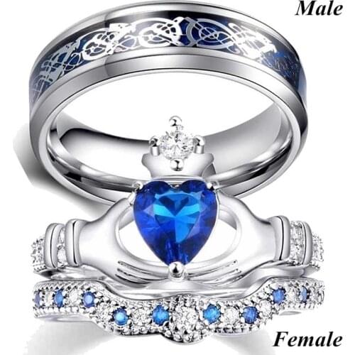 Couple Rings Men Stainless Steel Ring Women Filled Blue Crystal Heart Shaped Rings Wedding Engagement Valentine Day Gift Jewelr