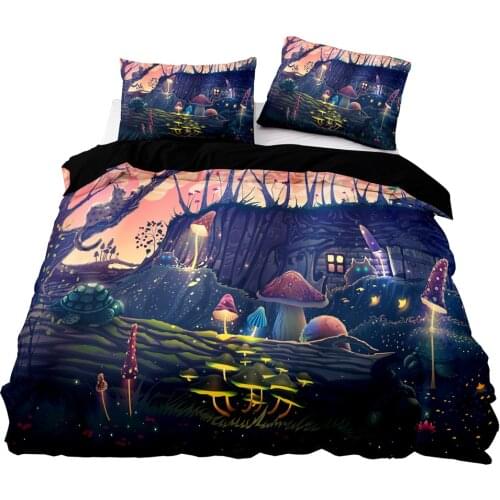 Cartoon Style Forest Pattern Duvet Cover Set With Pillowcase, 173x218 Quilt Cover, 240×220 Blanket Cover,King Black Bedding Set