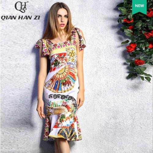 Qian Han Zi 2020 newest Designer fashion summer sexy dress Womens Spaghetti Strap Bow Fan Print Elegant Mermaid bodycon dress