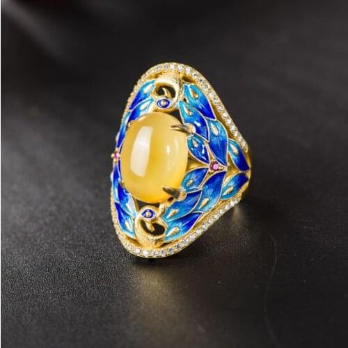 Retro Silver Jewelry S925 Sterling Silver Cloisonne Natural Beeswax Gems Ring Design Fire Phoenix Women Open Ended Ring
