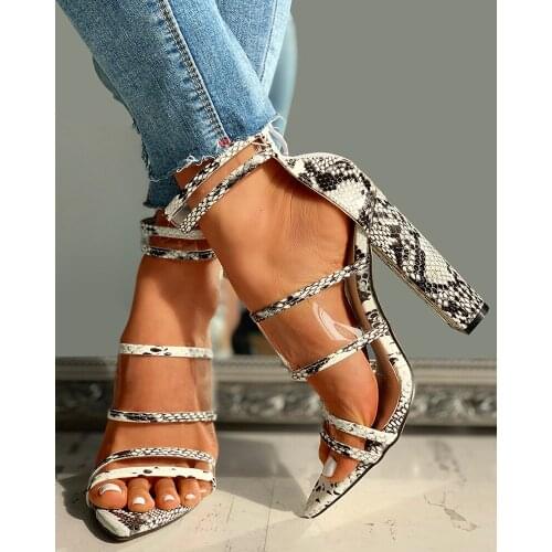 Snakeskin Multi-Stap Chunky Heeled Sandals open toe high heeled fashion shoes