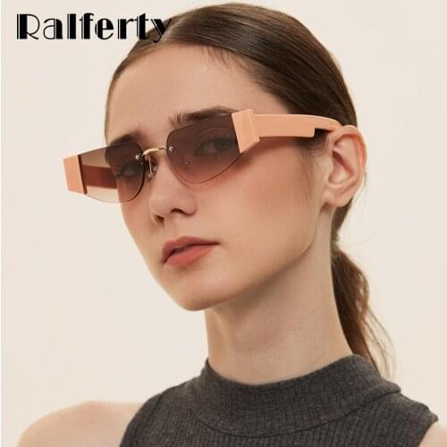 Ralferty 2020 Trendy Rimless Sunglasses Women Cat Eye Womens Glasses Unusual Small Frame Shades For Women Anti UVA UVB W003