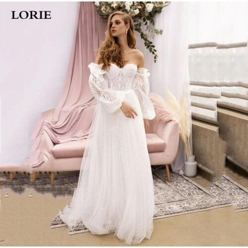LORIE Boho Wedding Dress 2020 Sweetheart Off The Shoulder Lace Puffy Sleeves Princess Elegant Wedding Gown Bride Dresses