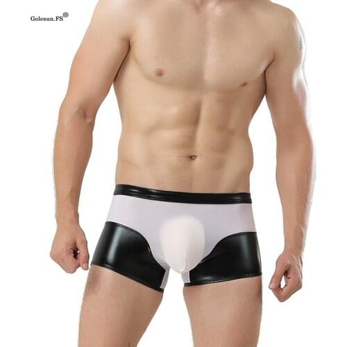 Men Novelty Patchwork Design Ice silk and Faux Leather Underwear Gay Boxer Shorts Exotic appeal Sexy Club Panties E2