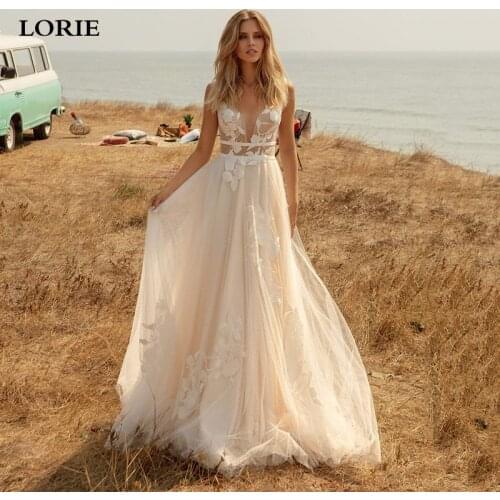 LORIE Vintage Lace Wedding Dress A Line Sexy V Neck lace Bride Dress 2021 Boho Wedding Gown PluS Size