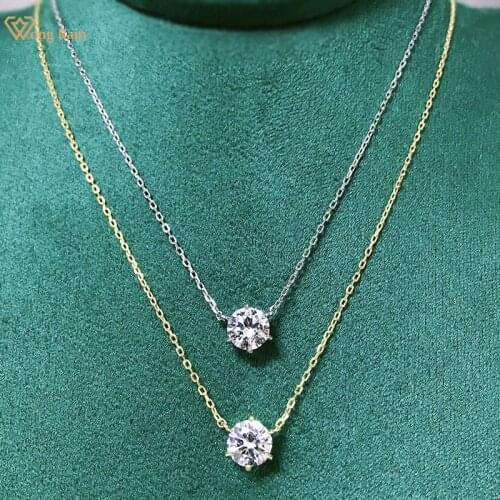 Wong Rain 100% 925 Sterling Silver 1 CT Round Cut Created Moissanite Gemstone Anniversary Simple Pendant Necklace Fine Jewelry