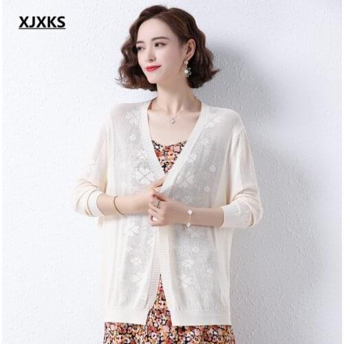 XJXKS 2021 summer new women thin knit sunscreen clothes solid color all-match fashion mid-length women sweater coat