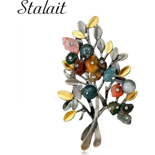 Women Retro Natural Stones Tree Brooches Pearl Stone Leaf Big Brooch Jewelry Accessories Clothing Wholesale New Arrival