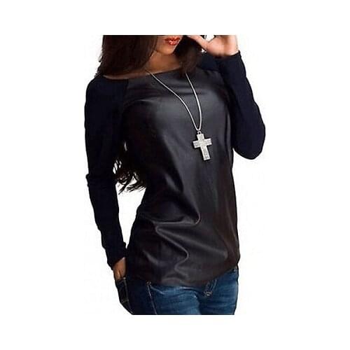 New Sexy Womens Long Sleeve Scoop Neck PU Leather Spliced T-Shirt Casual Loose Pullouver Tops