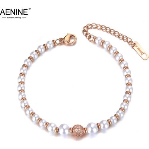 AENINE Fashion White Simulated Pearl Bracelets For Women Titanium Steel Inlaid CZ Crystal Ball Beaded Bracelet Jewelry AB19079