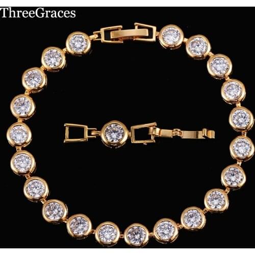 ThreeGraces Gorgeous Round Shape Gold Color Clear White Cubic Zirconia Stone Tennis Bracelets For Women Jewelry Gift BR057